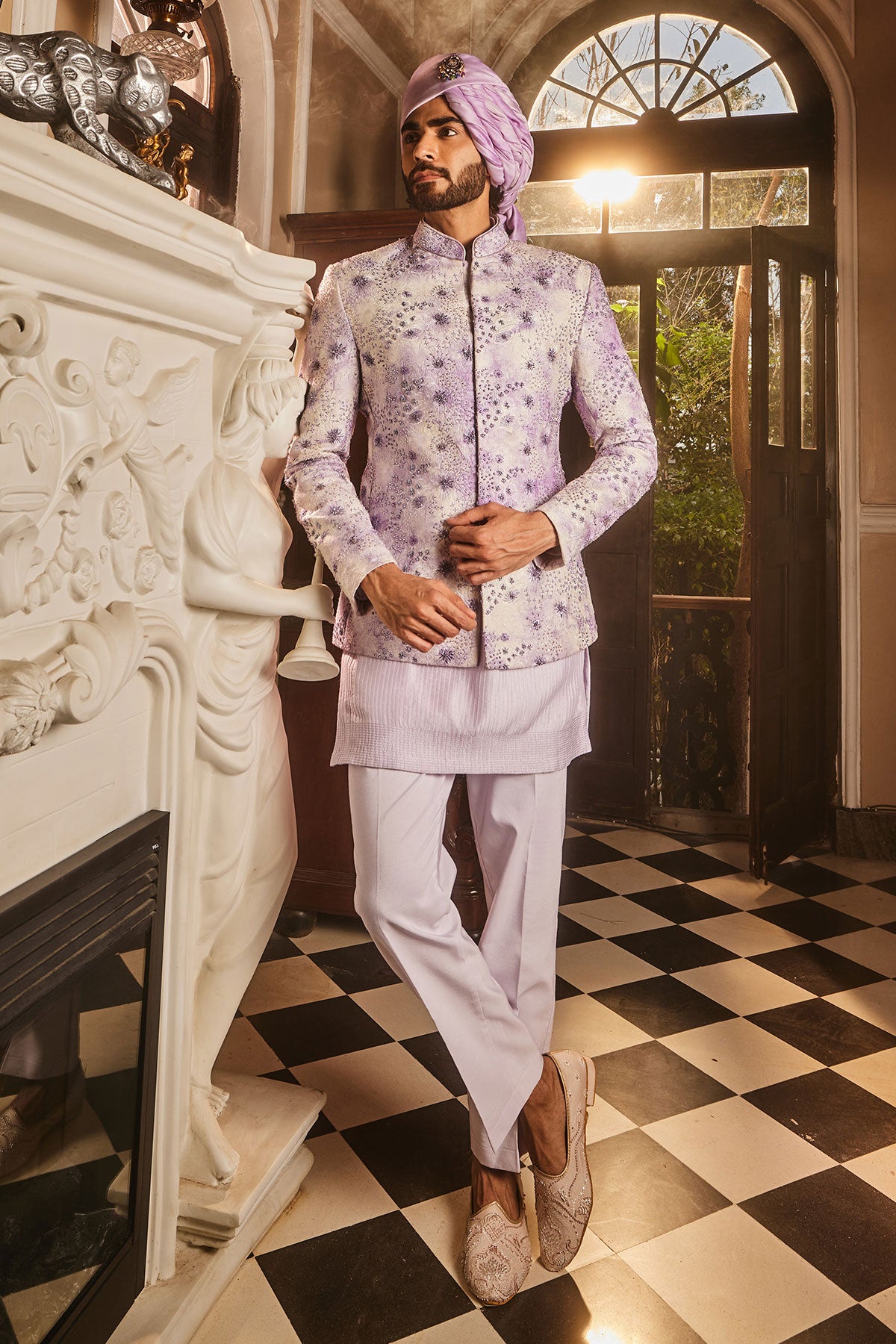 Lilac Chanderi Silk Tie-Dye Embroidered Bandhgala Set