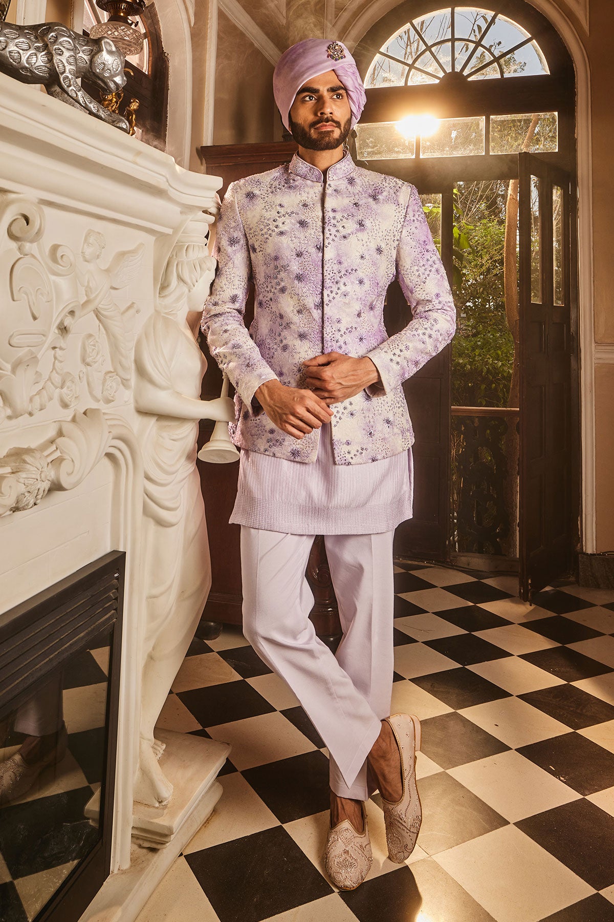 Lilac Chanderi Silk Tie-Dye Embroidered Bandhgala Set