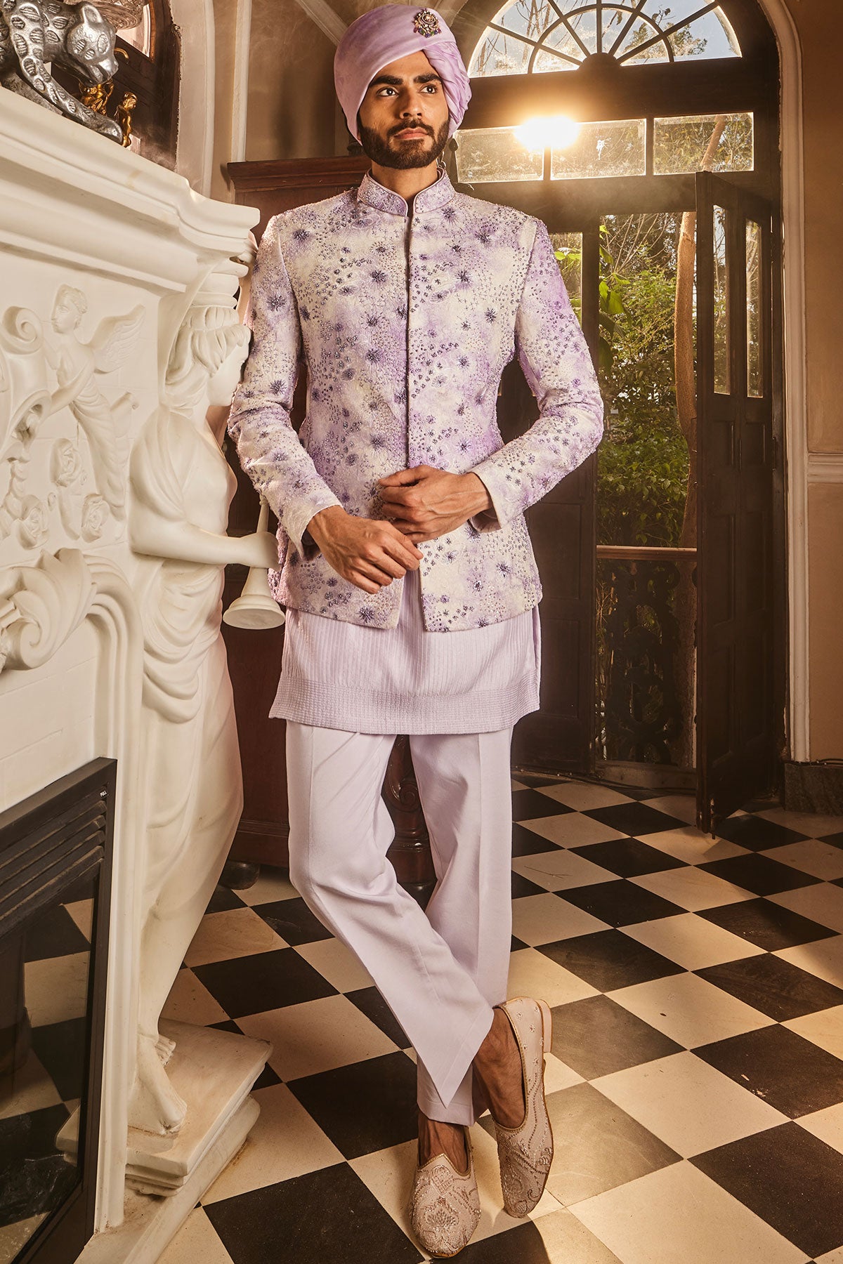 Lilac Chanderi Silk Tie-Dye Embroidered Bandhgala Set