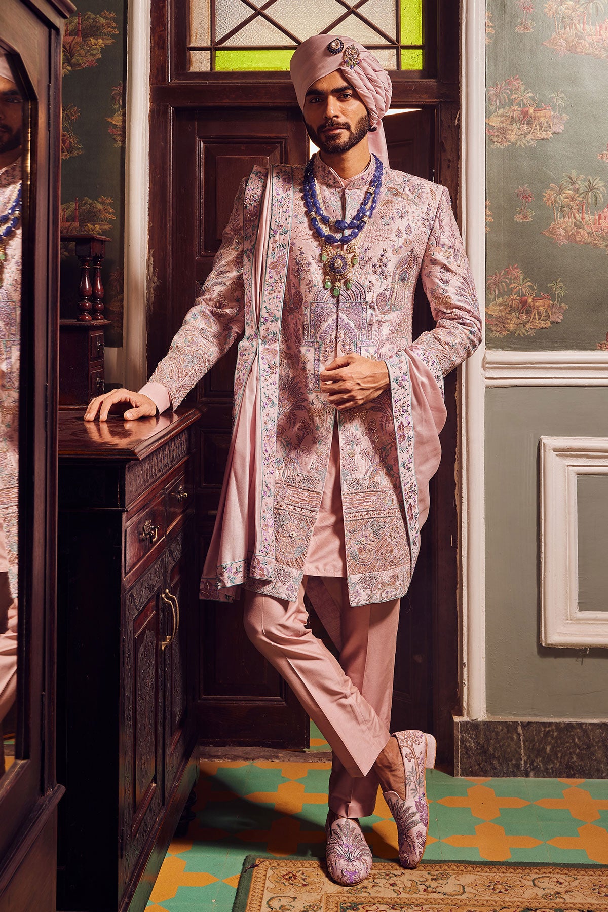 Raw Silk Pink Panel Embroidered Sherwani