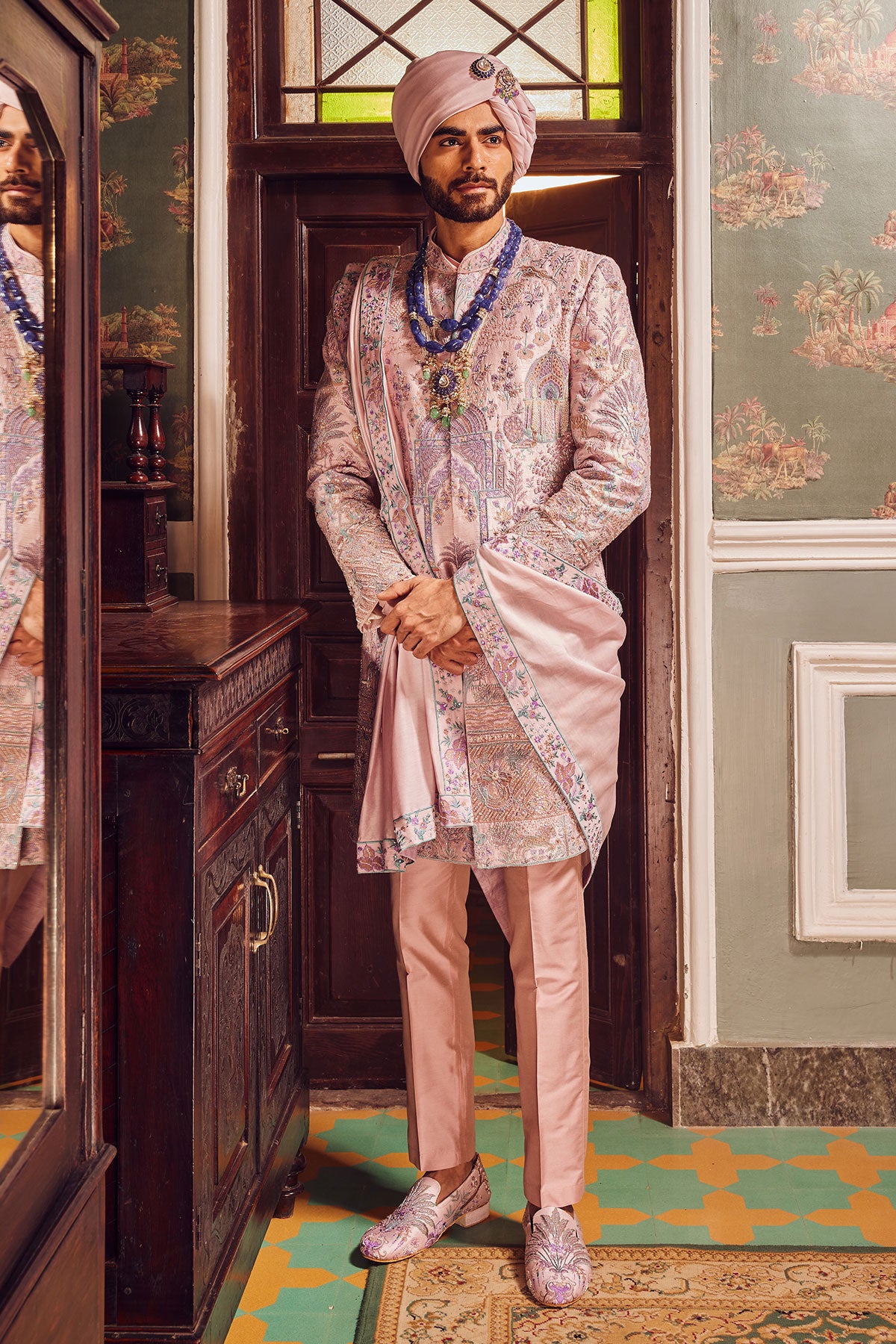 Raw Silk Pink Panel Embroidered Sherwani