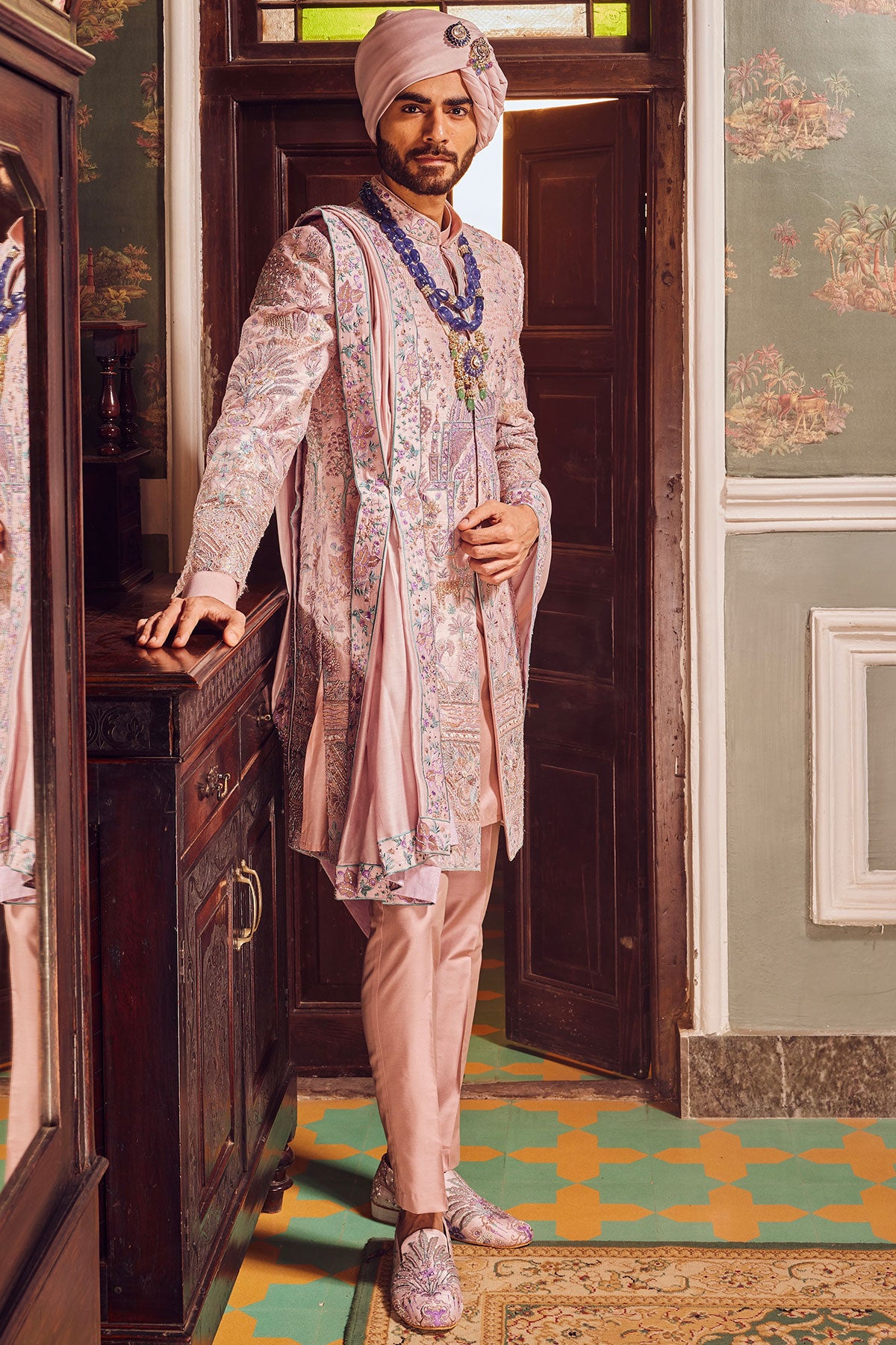 Raw Silk Pink Panel Embroidered Sherwani