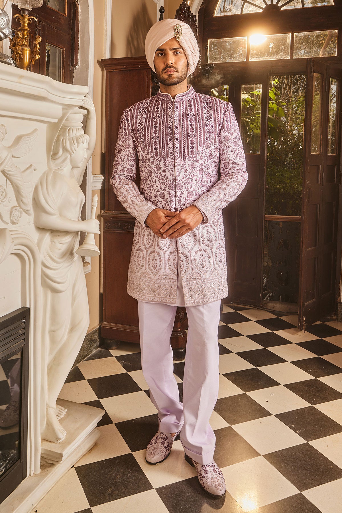 Lilac Ombre Chanderi Embroidered Sherwani