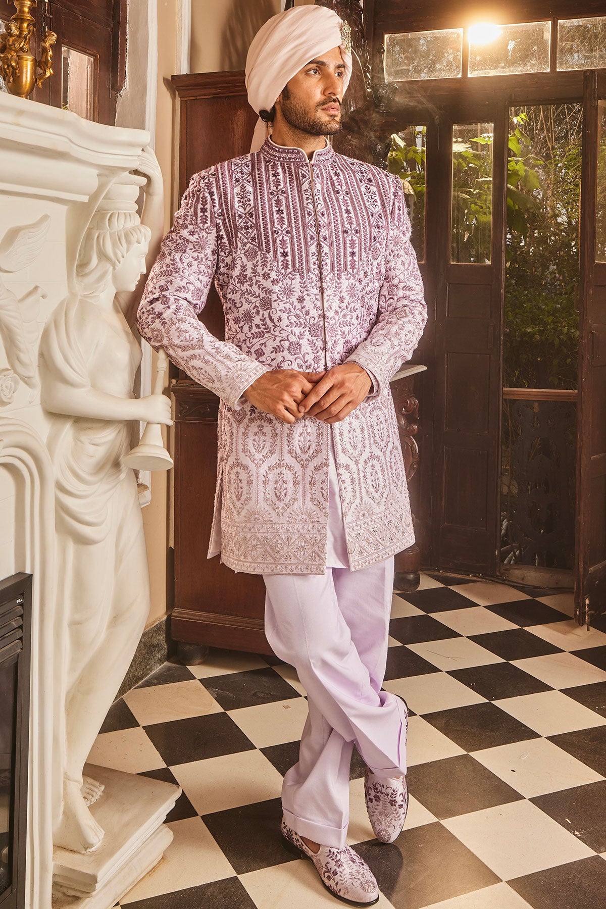 Lilac Ombre Chanderi Embroidered Sherwani
