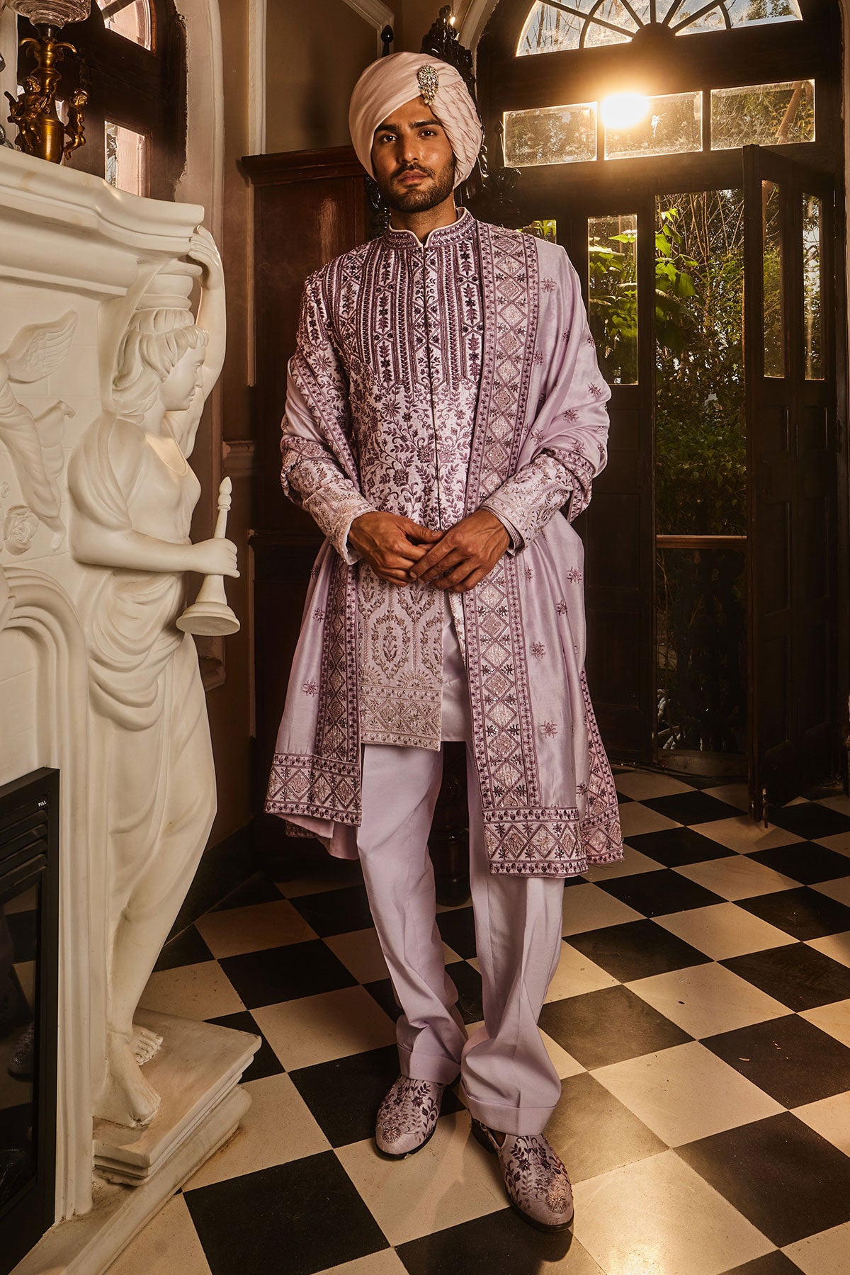 Lilac Ombre Chanderi Embroidered Sherwani