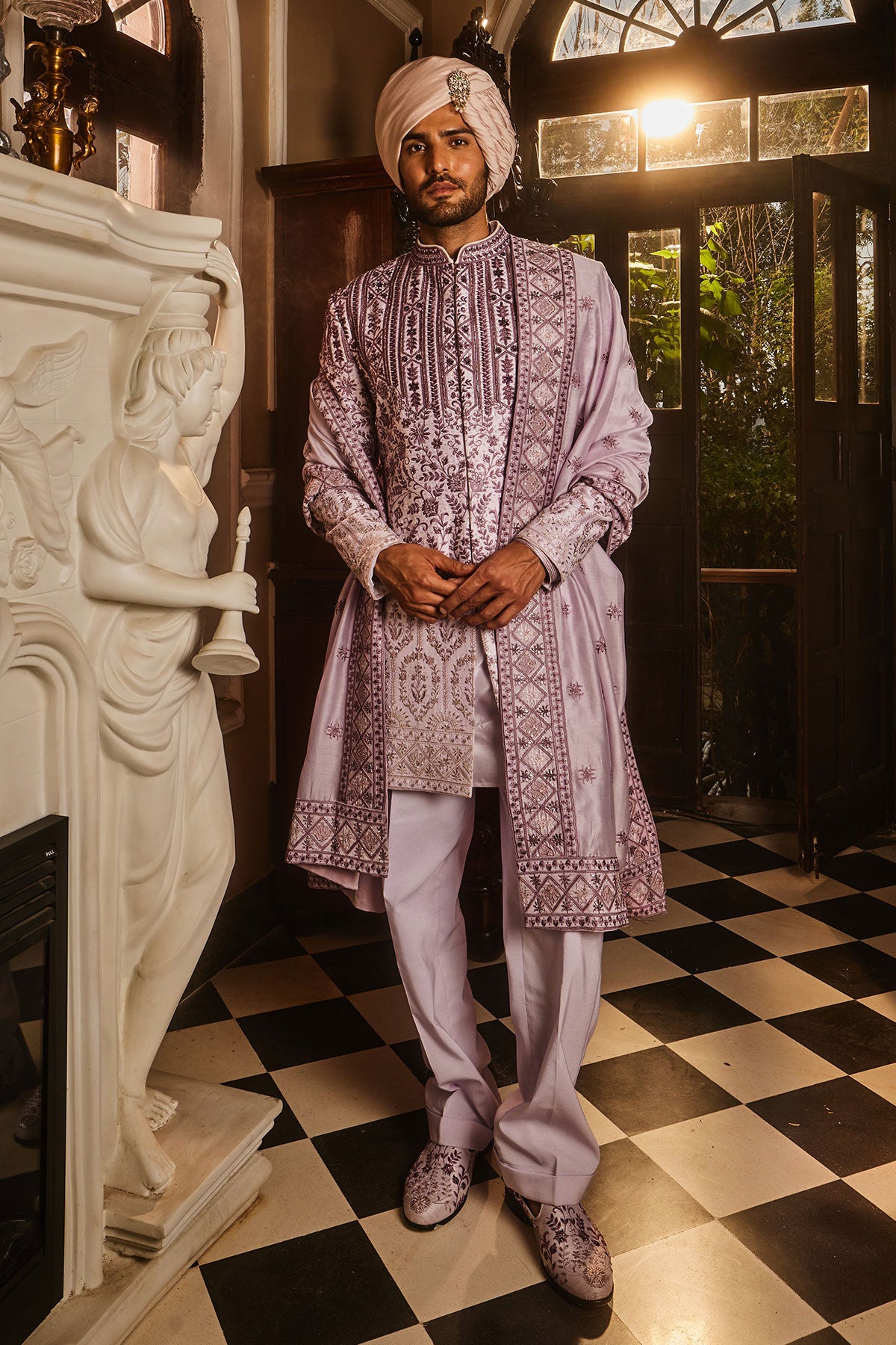 Lilac Ombre Chanderi Embroidered Sherwani