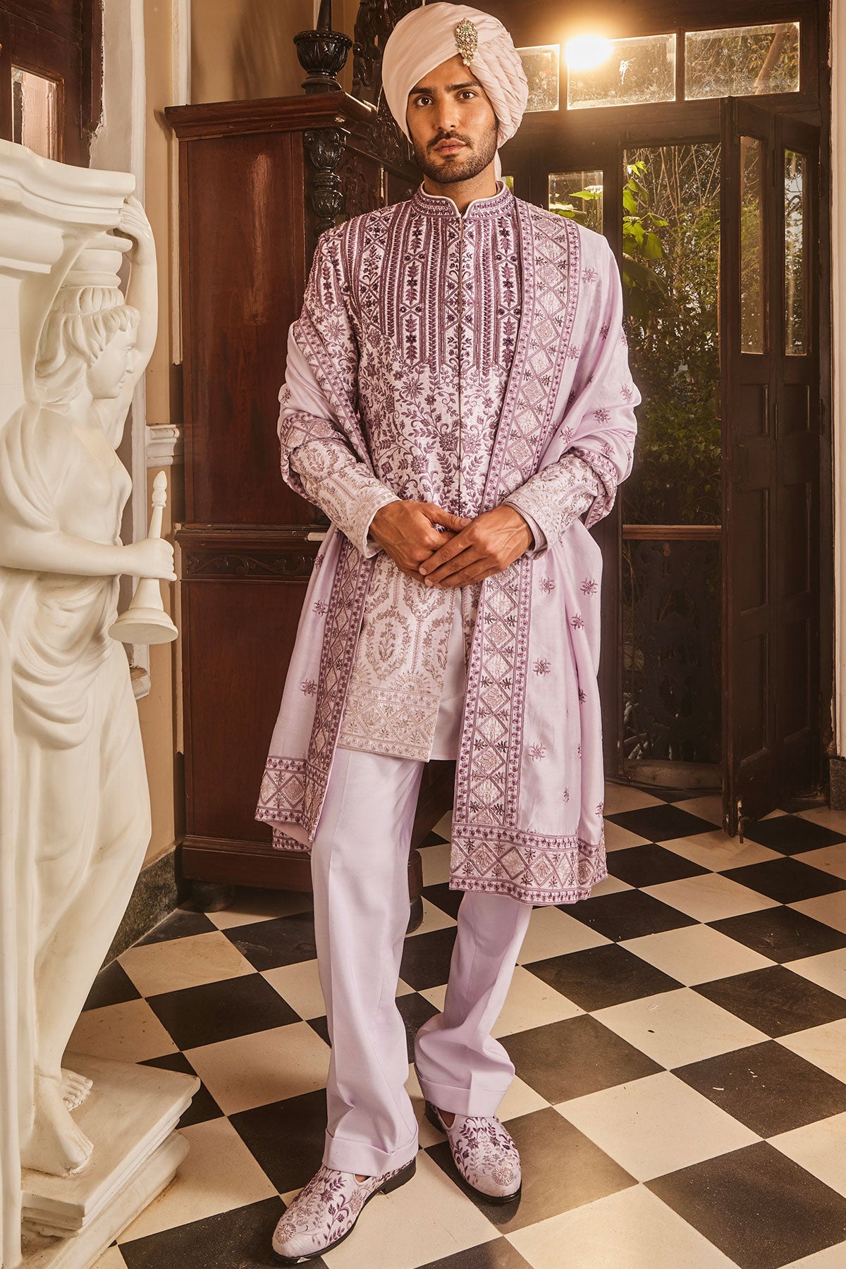 Lilac Ombre Chanderi Embroidered Sherwani