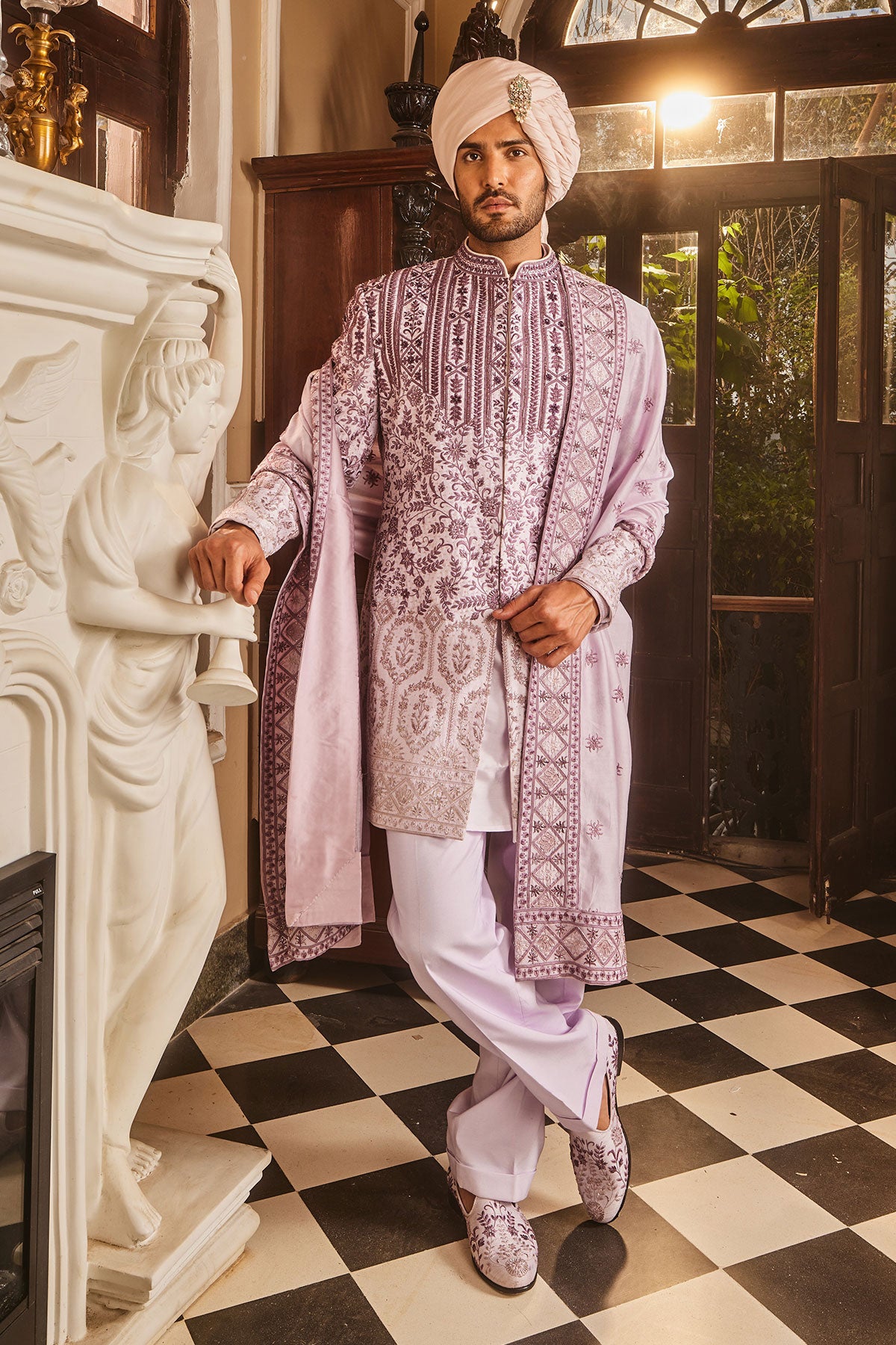 Lilac Ombre Chanderi Embroidered Sherwani