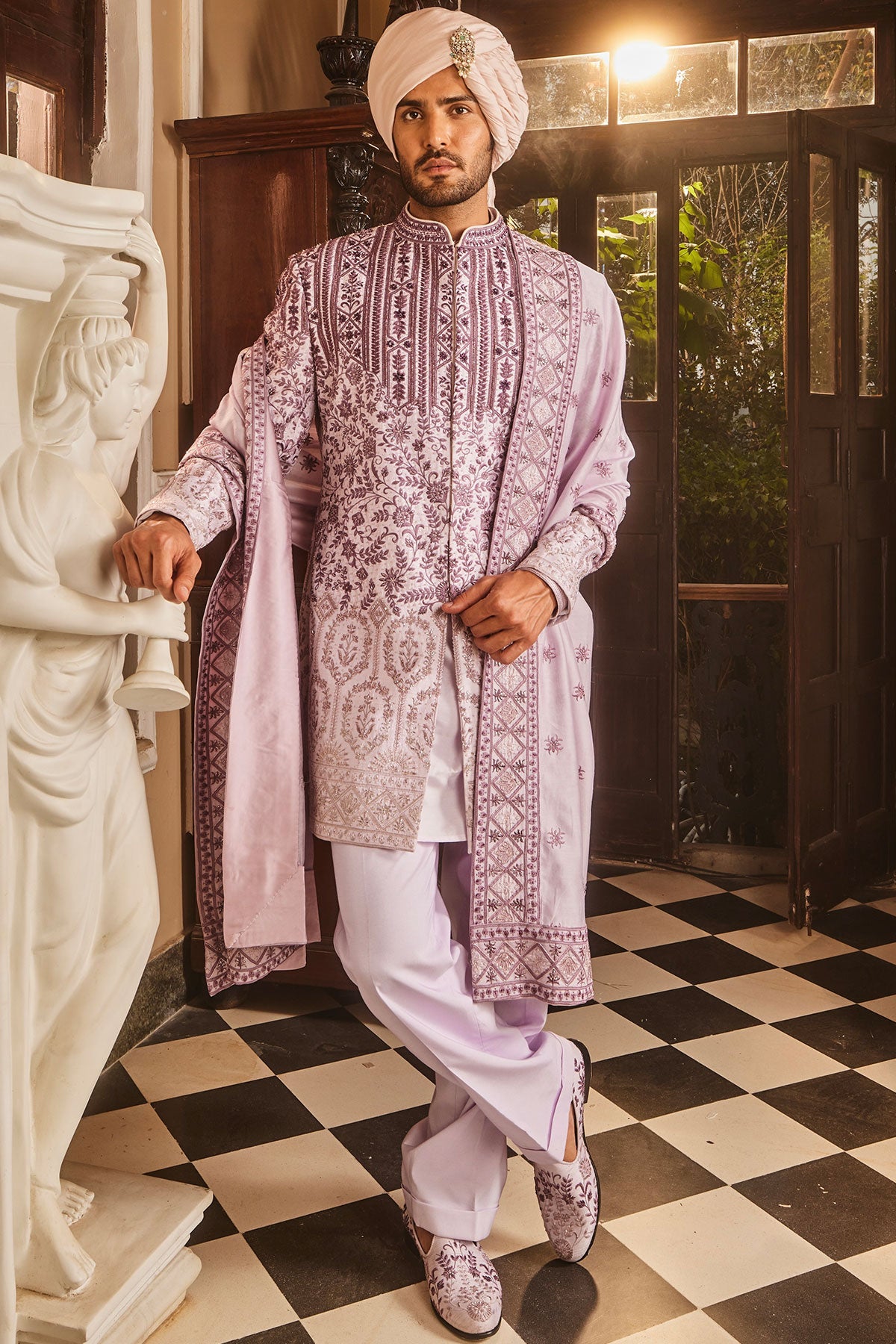 Lilac Ombre Chanderi Embroidered Sherwani