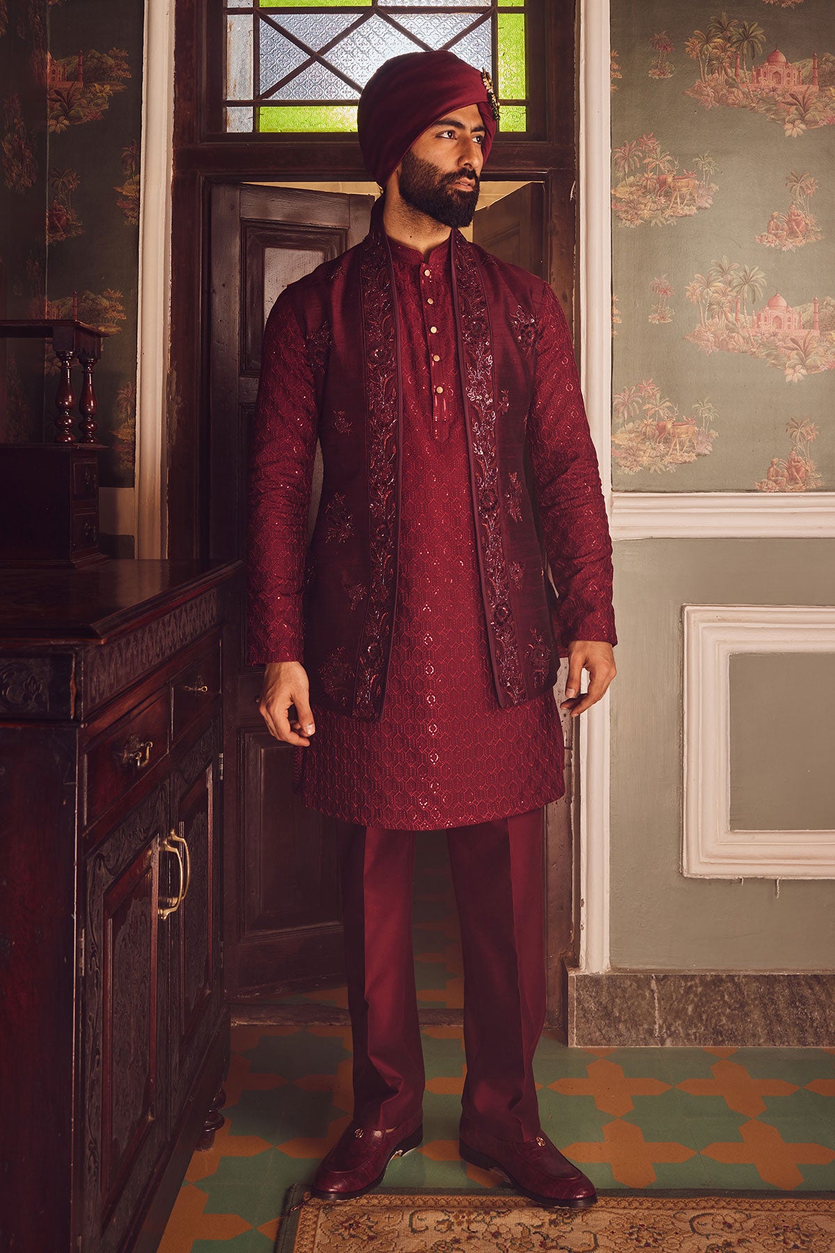 Ruby Chanderi Embroidered Open Kurta Bundi Set