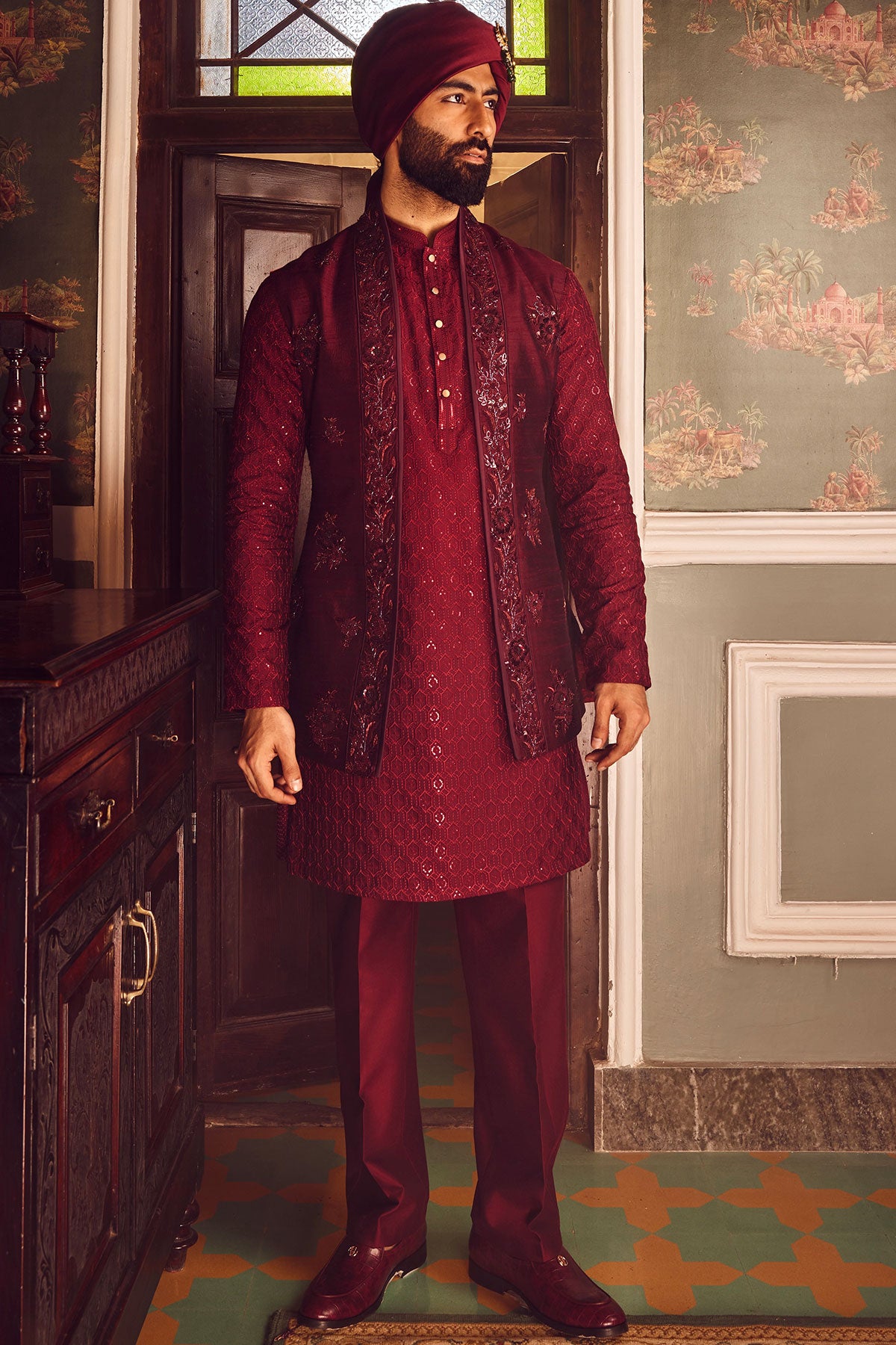 Ruby Chanderi Embroidered Open Kurta Bundi Set