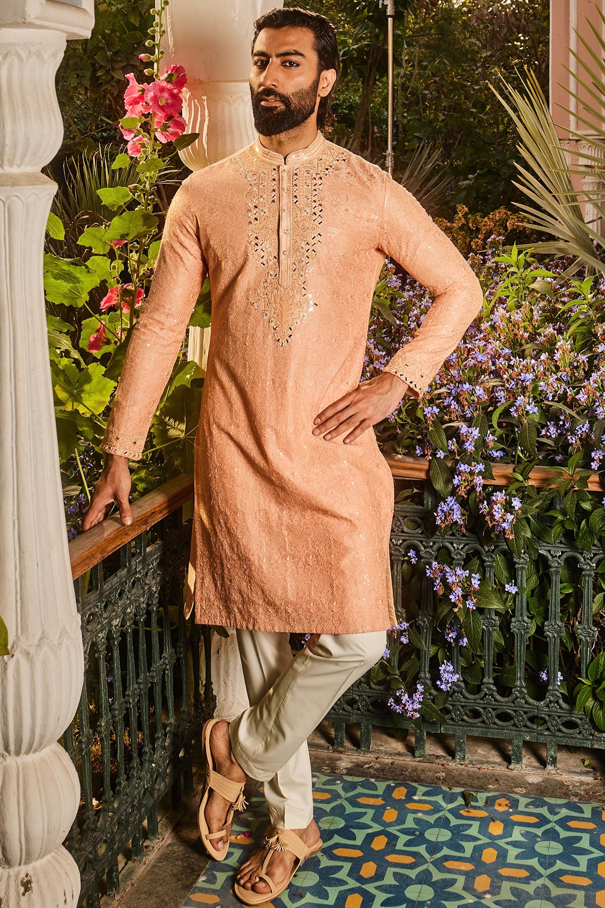 Peach Chanderi Dori and Mirror Embroidered Kurta Set