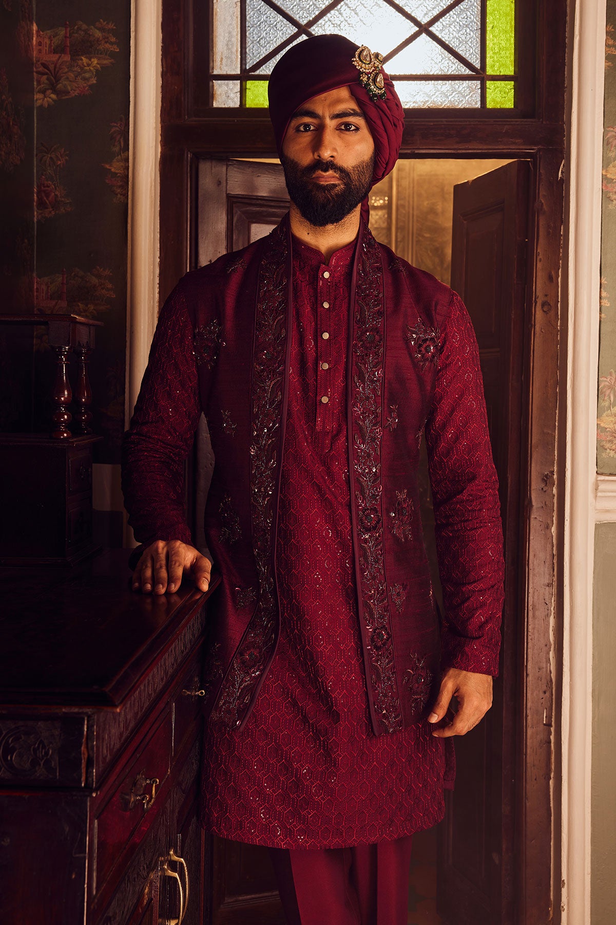 Ruby Chanderi Embroidered Open Kurta Bundi Set
