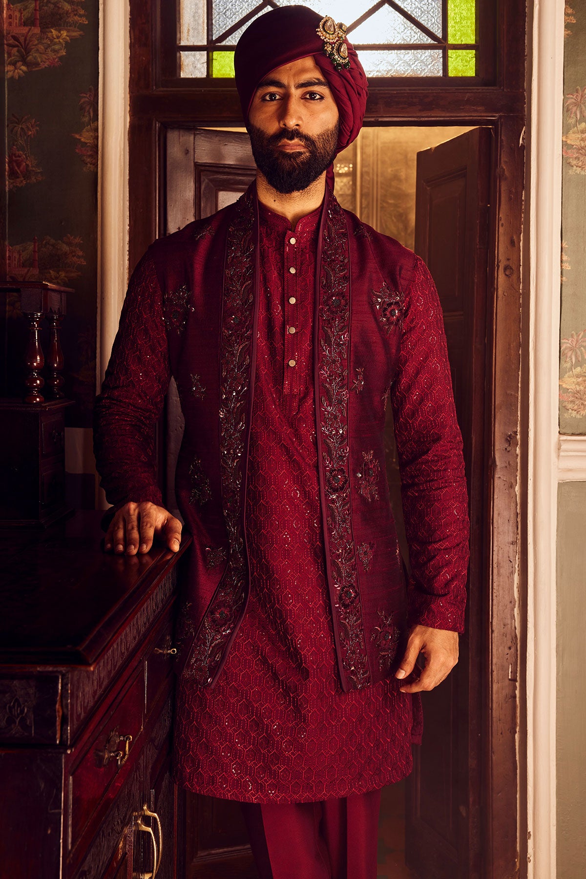Ruby Chanderi Embroidered Open Kurta Bundi Set
