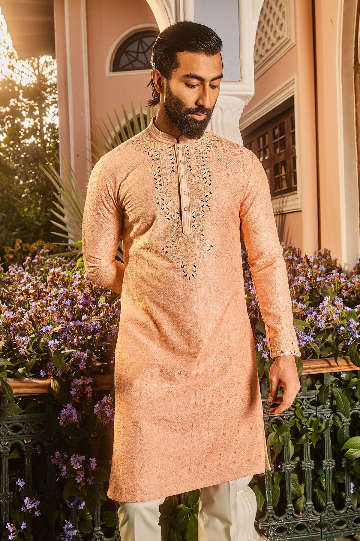 Peach Chanderi Dori and Mirror Embroidered Kurta Set
