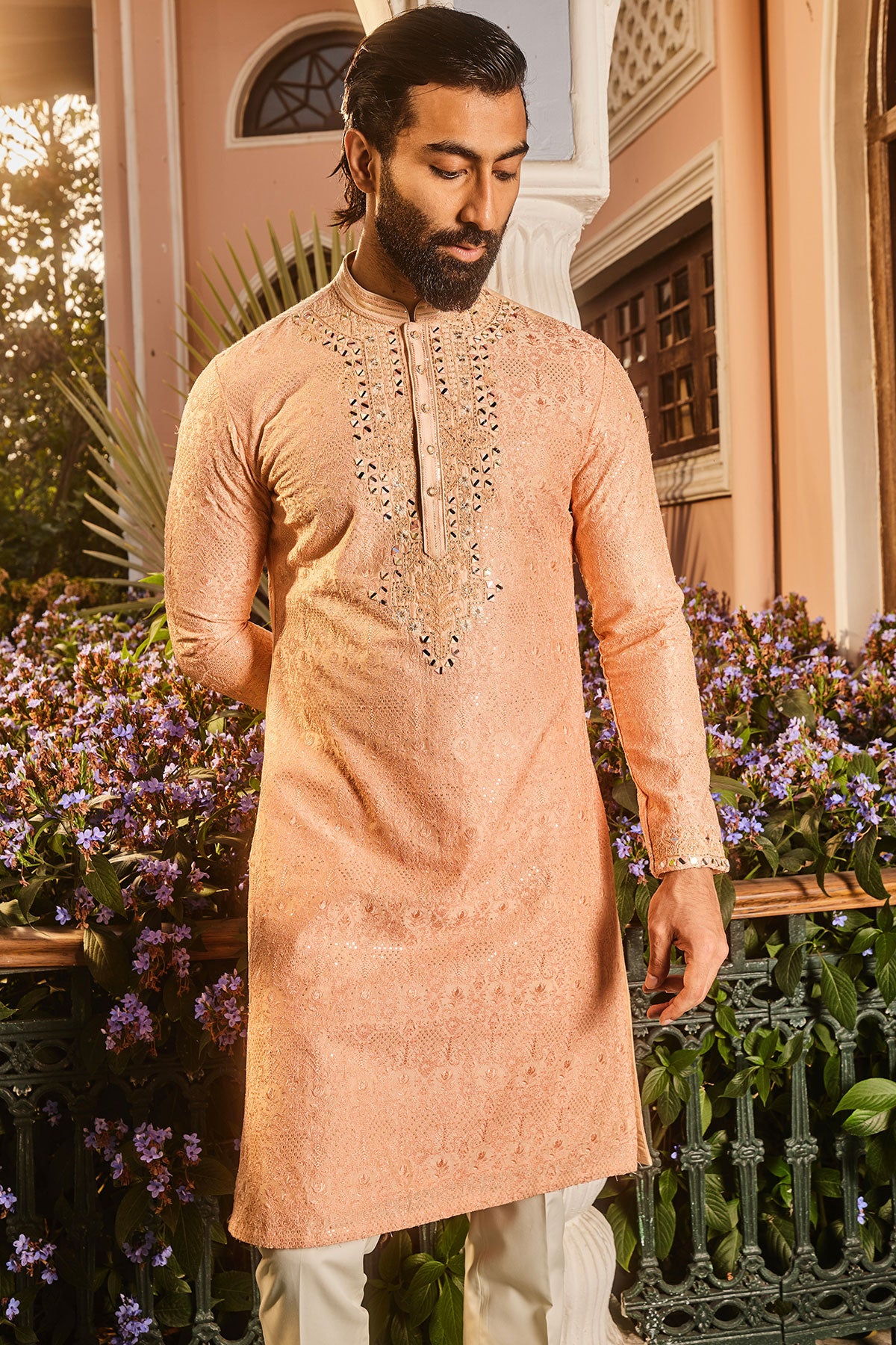 Peach Chanderi Dori and Mirror Embroidered Kurta Set