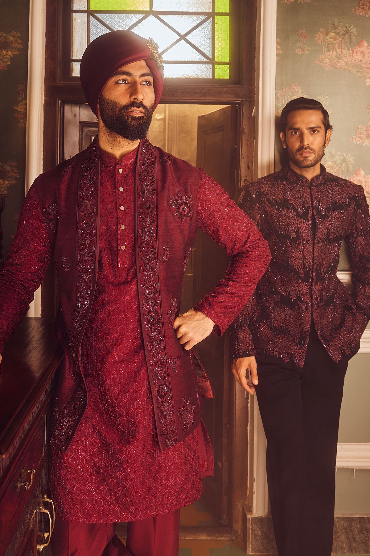 Ruby Chanderi Embroidered Open Kurta Bundi Set