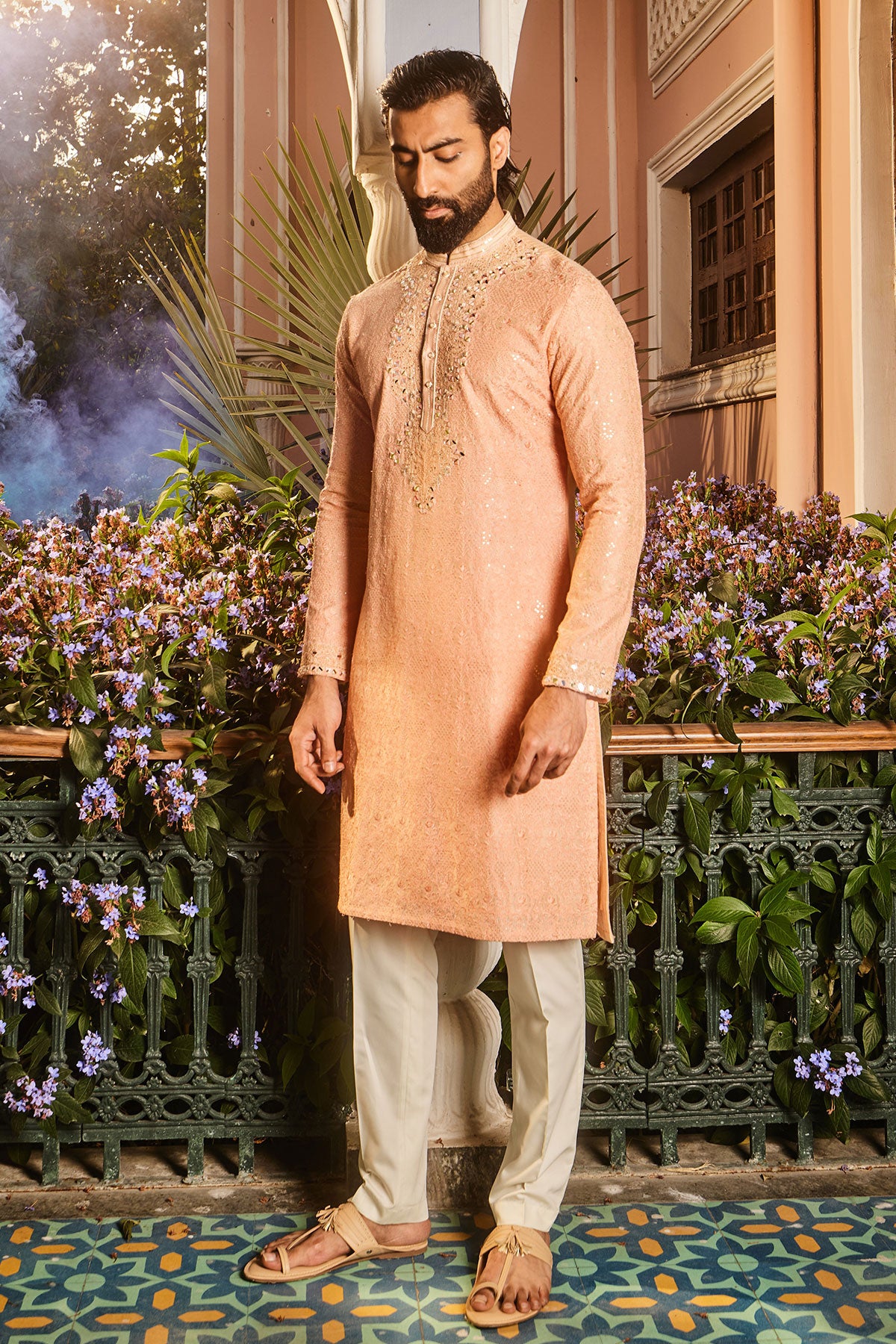 Peach Chanderi Dori and Mirror Embroidered Kurta Set