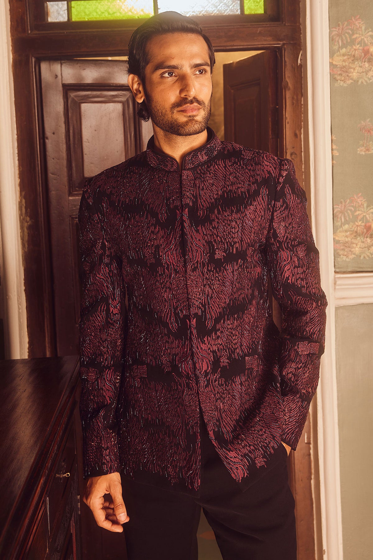 Wine Tigene Pitta Embroidered Bandhgala