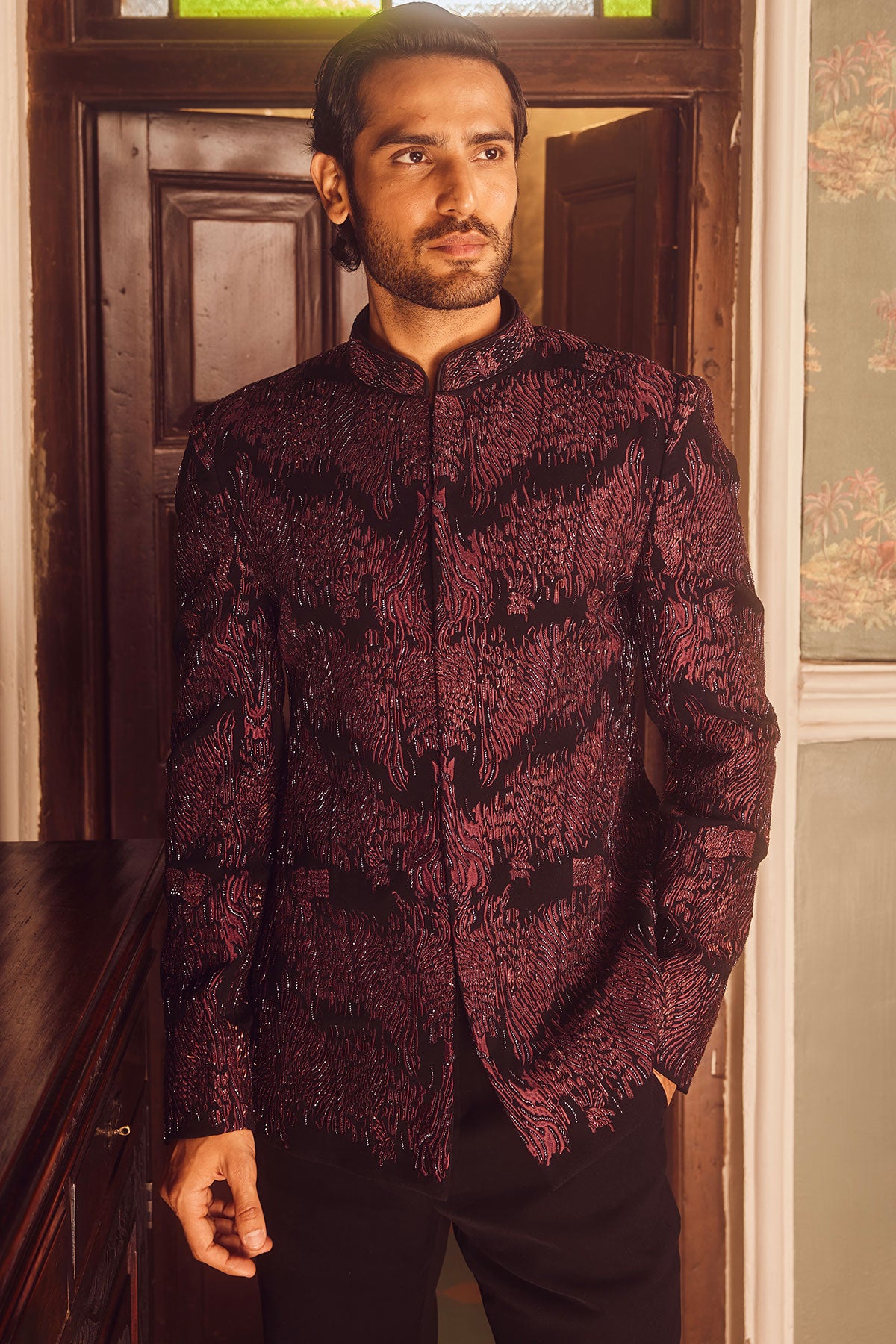 Wine Tigene Pitta Embroidered Bandhgala