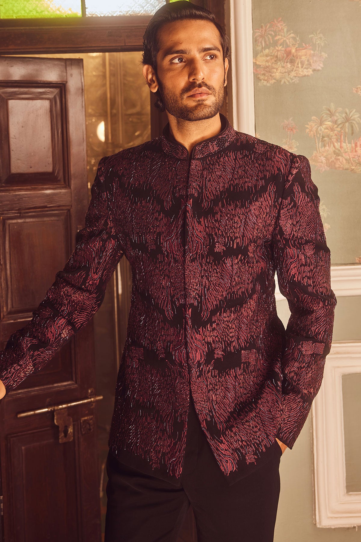 Wine Tigene Pitta Embroidered Bandhgala