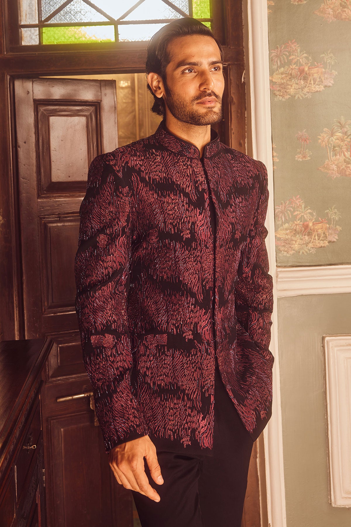 Wine Tigene Pitta Embroidered Bandhgala