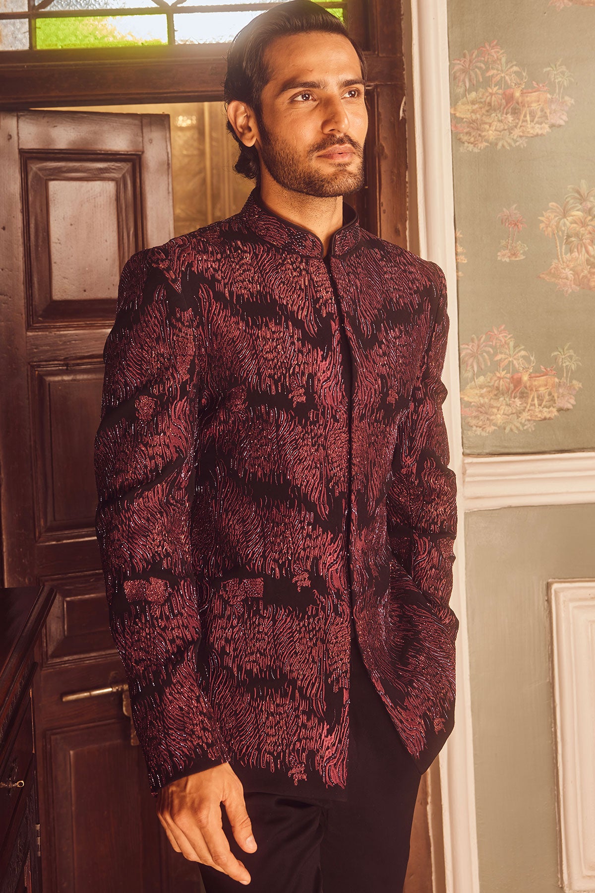 Wine Tigene Pitta Embroidered Bandhgala