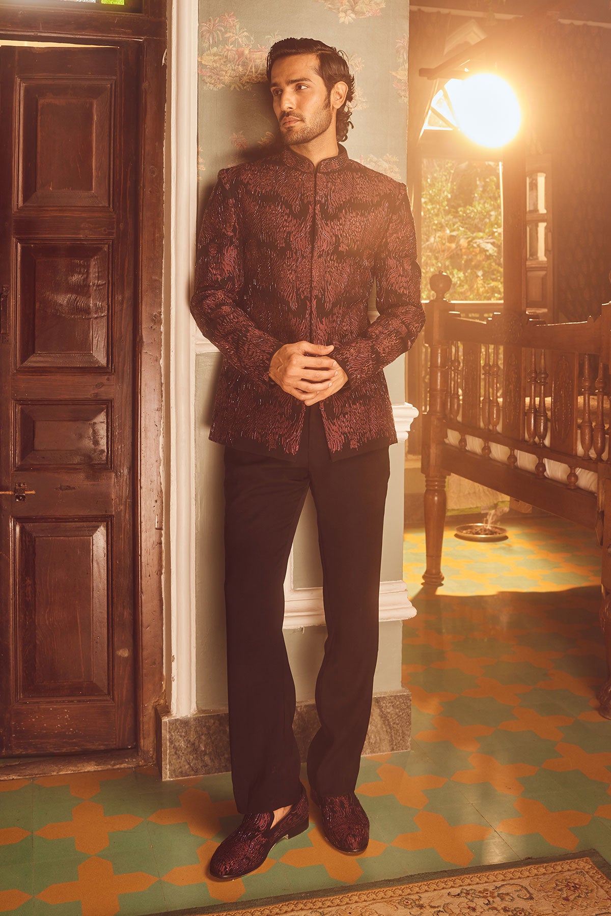 Wine Tigene Pitta Embroidered Bandhgala