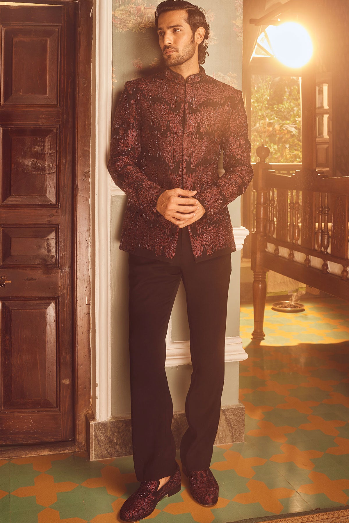 Wine Tigene Pitta Embroidered Bandhgala