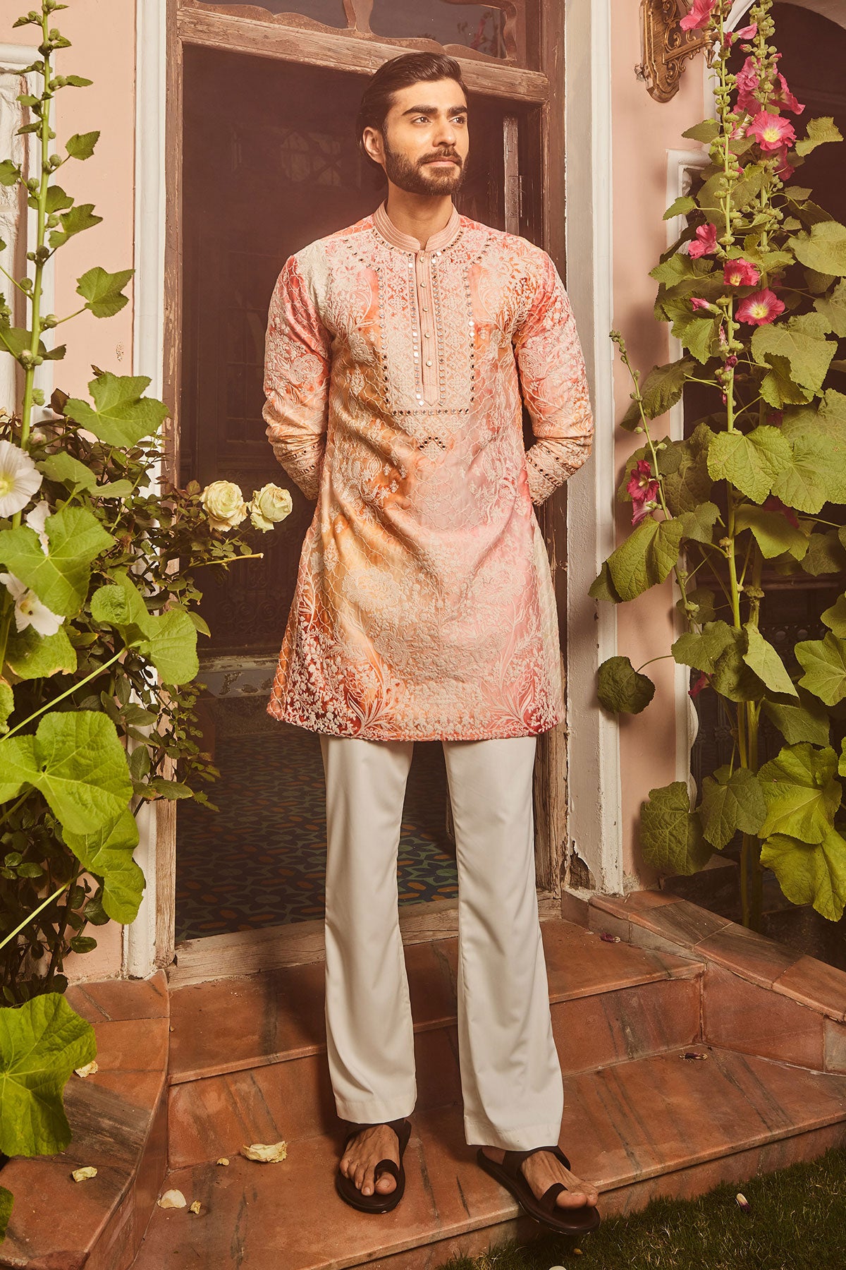 Peach Printed Dori and Mirror Embroidered Kurta Set