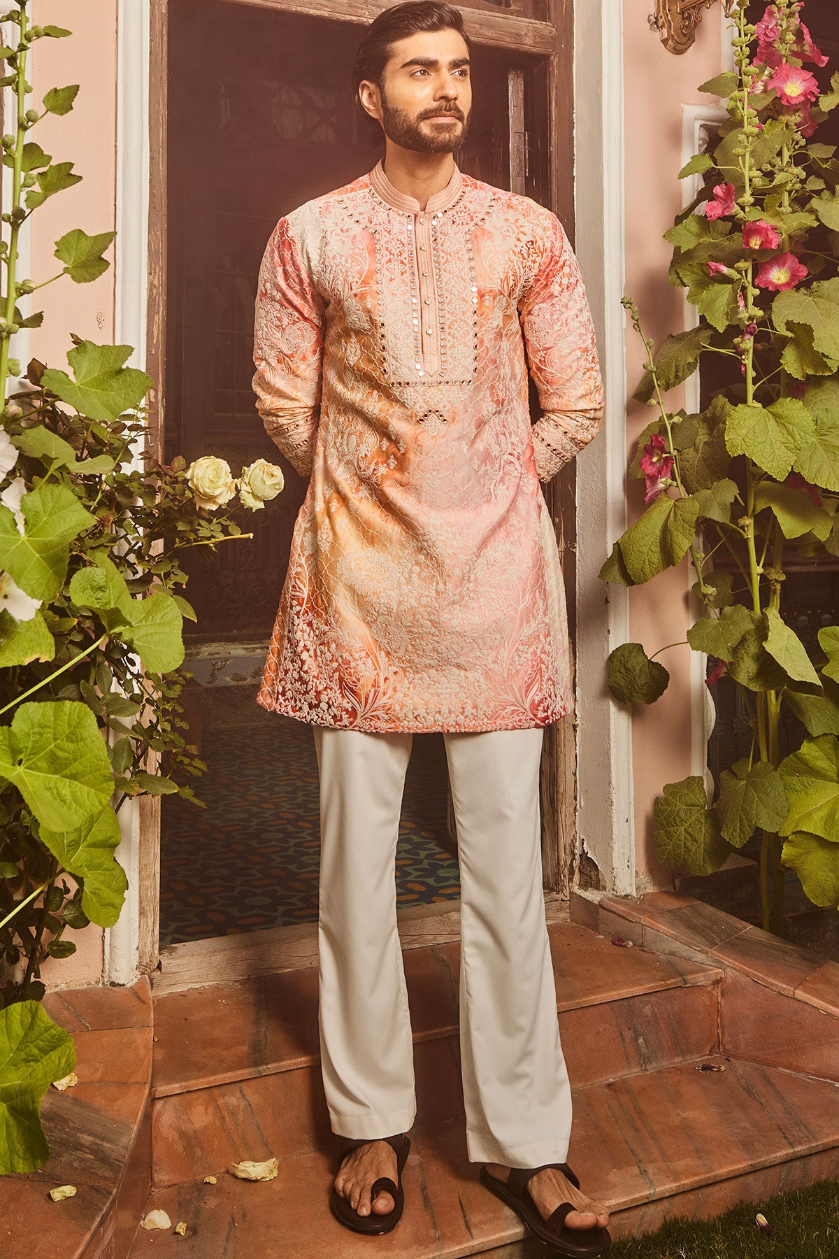 Peach Printed Dori and Mirror Embroidered Kurta Set