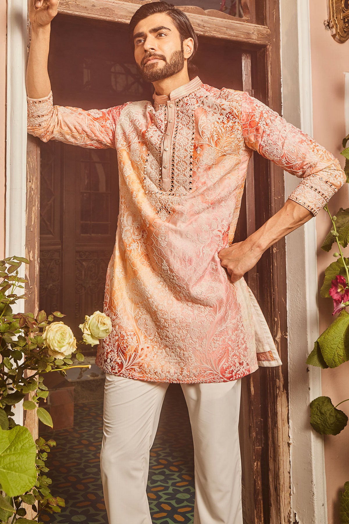 Peach Printed Dori and Mirror Embroidered Kurta Set