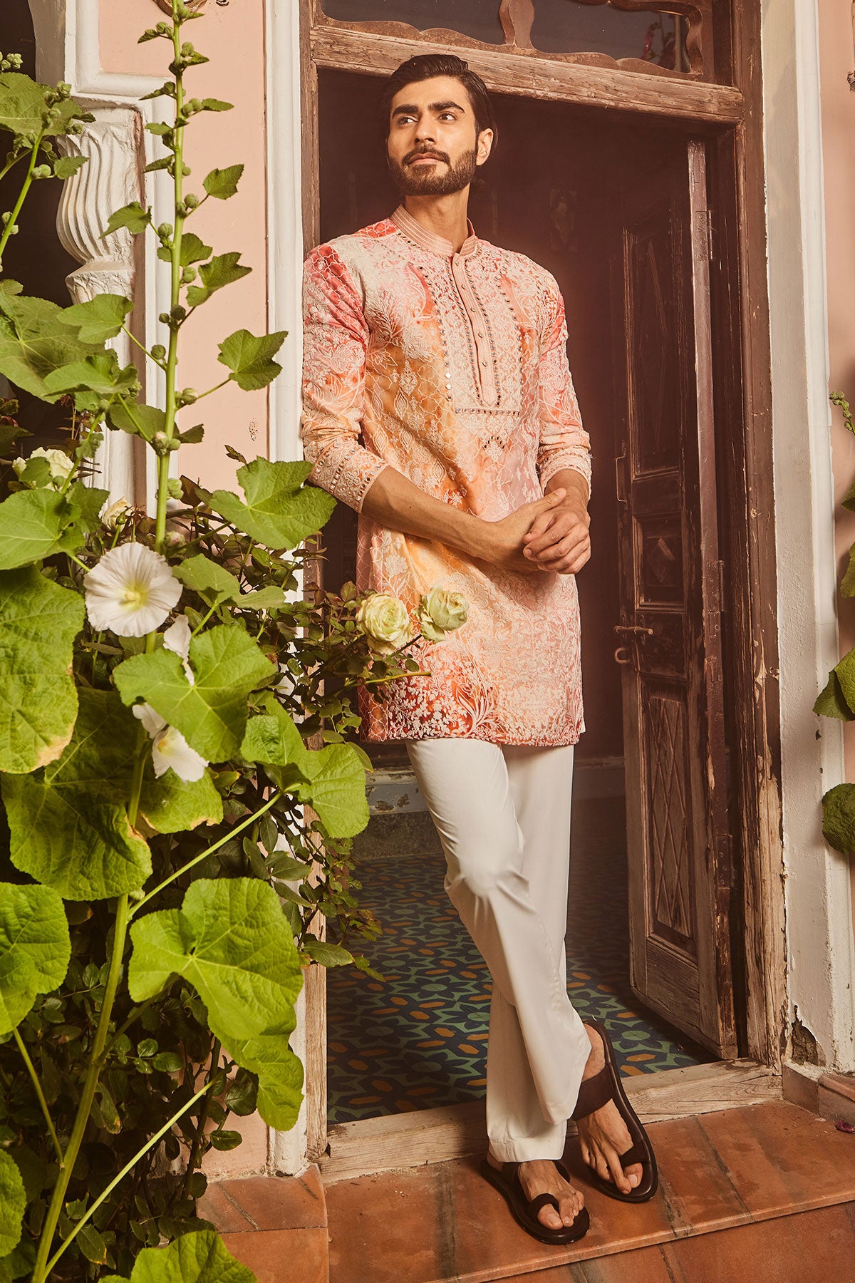 Peach Printed Dori and Mirror Embroidered Kurta Set