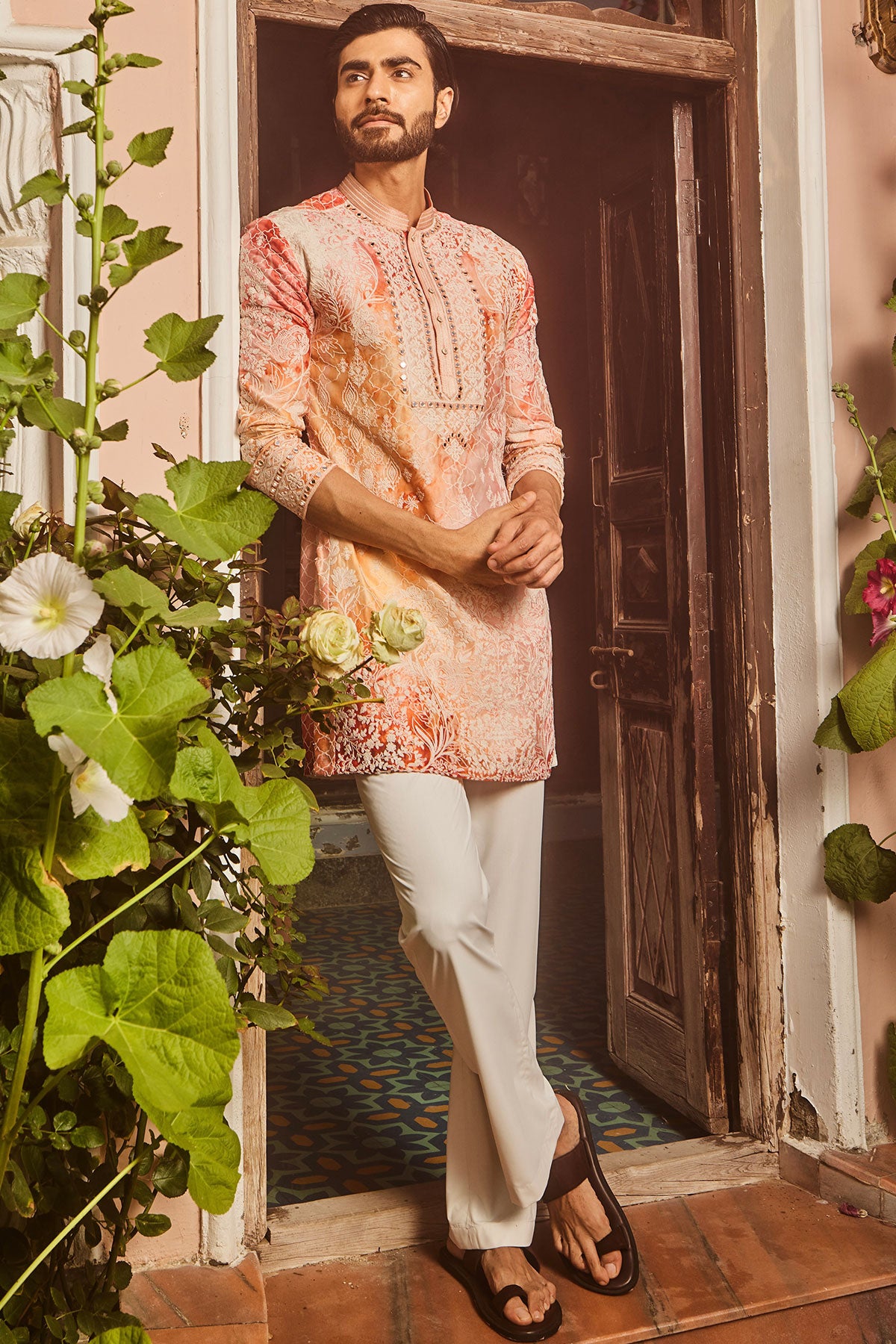 Peach Printed Dori and Mirror Embroidered Kurta Set