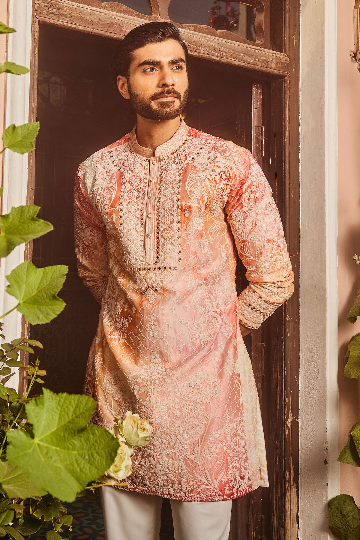 Peach Printed Dori and Mirror Embroidered Kurta Set