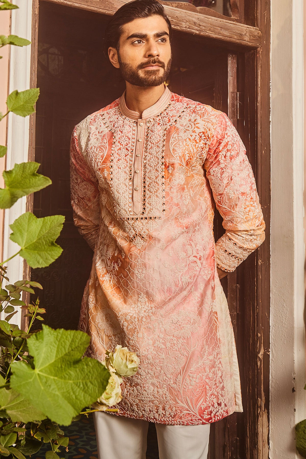 Peach Printed Dori and Mirror Embroidered Kurta Set