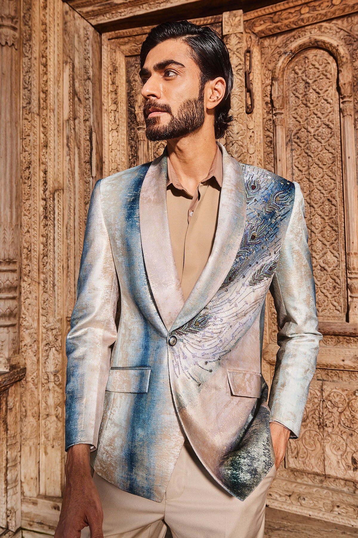 Sky Blue Peacock Velvet Feather Embroidered Tuxedo Set