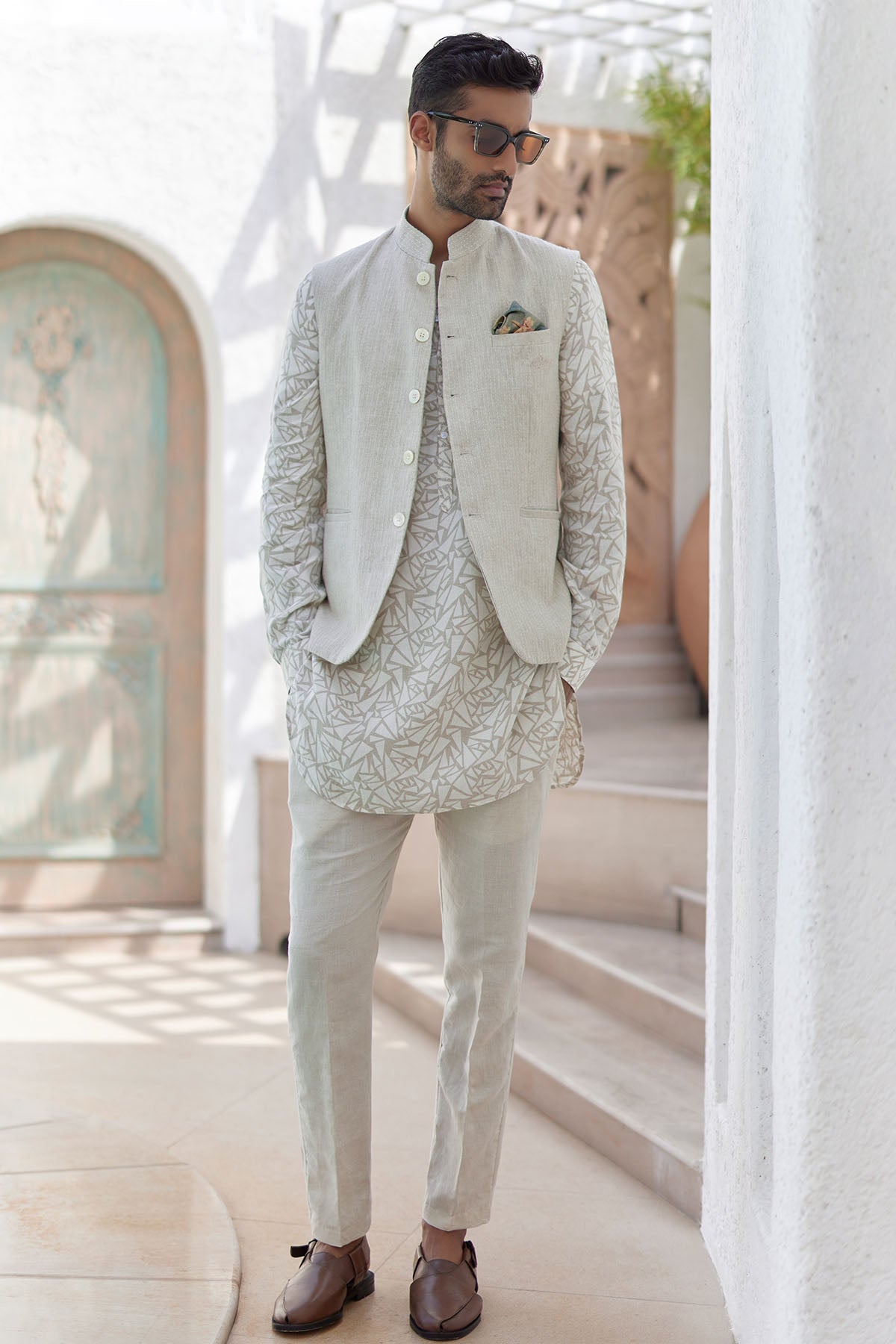 Natural Beige Abstract Geometric Print Kurta