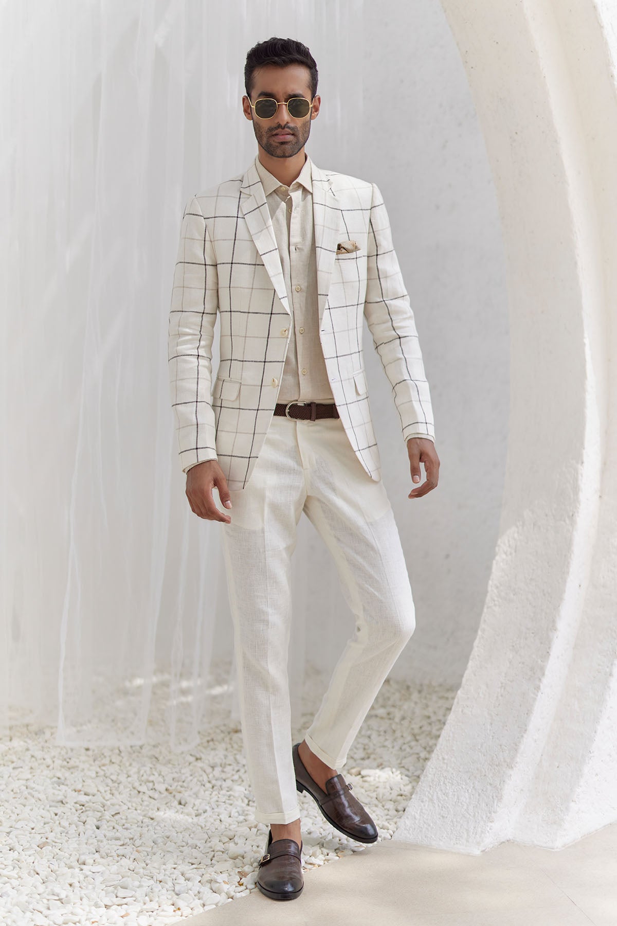 Porcelain White Windowpane Check Blazer Set