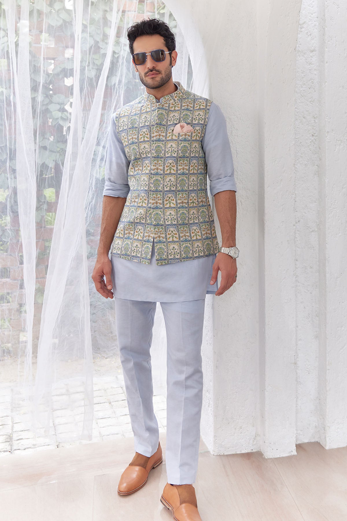 Sky Blue Floral Printed Kurta Bundi Set