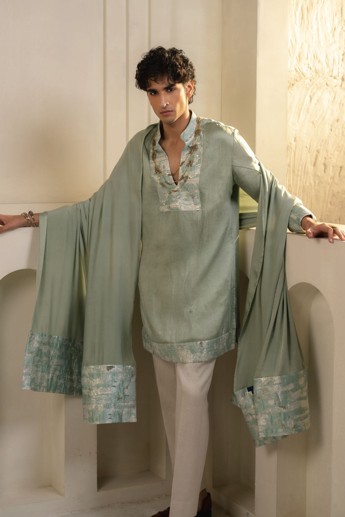 Mint Green Linen Silk Kurta Set With Dupatta