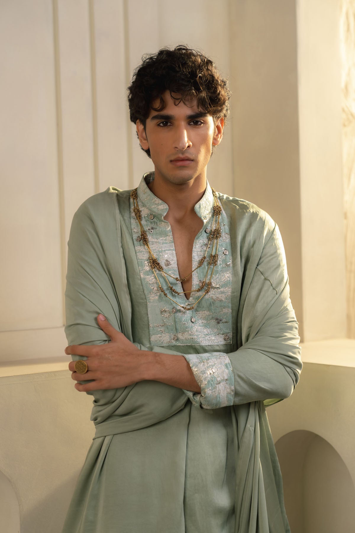 Mint Green Linen Silk Kurta Set With Dupatta