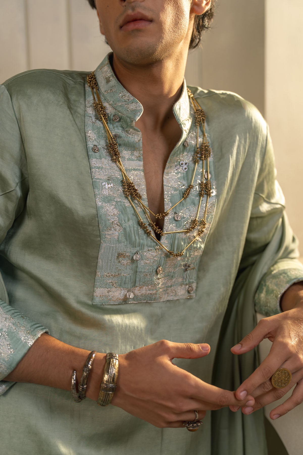 Mint Green Linen Silk Kurta Set With Dupatta