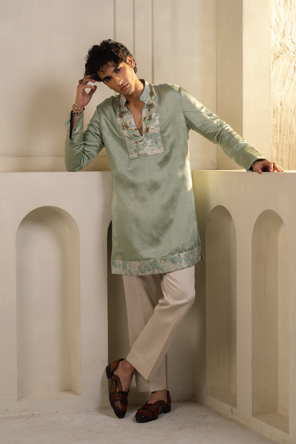 Mint Green Linen Silk Kurta Set