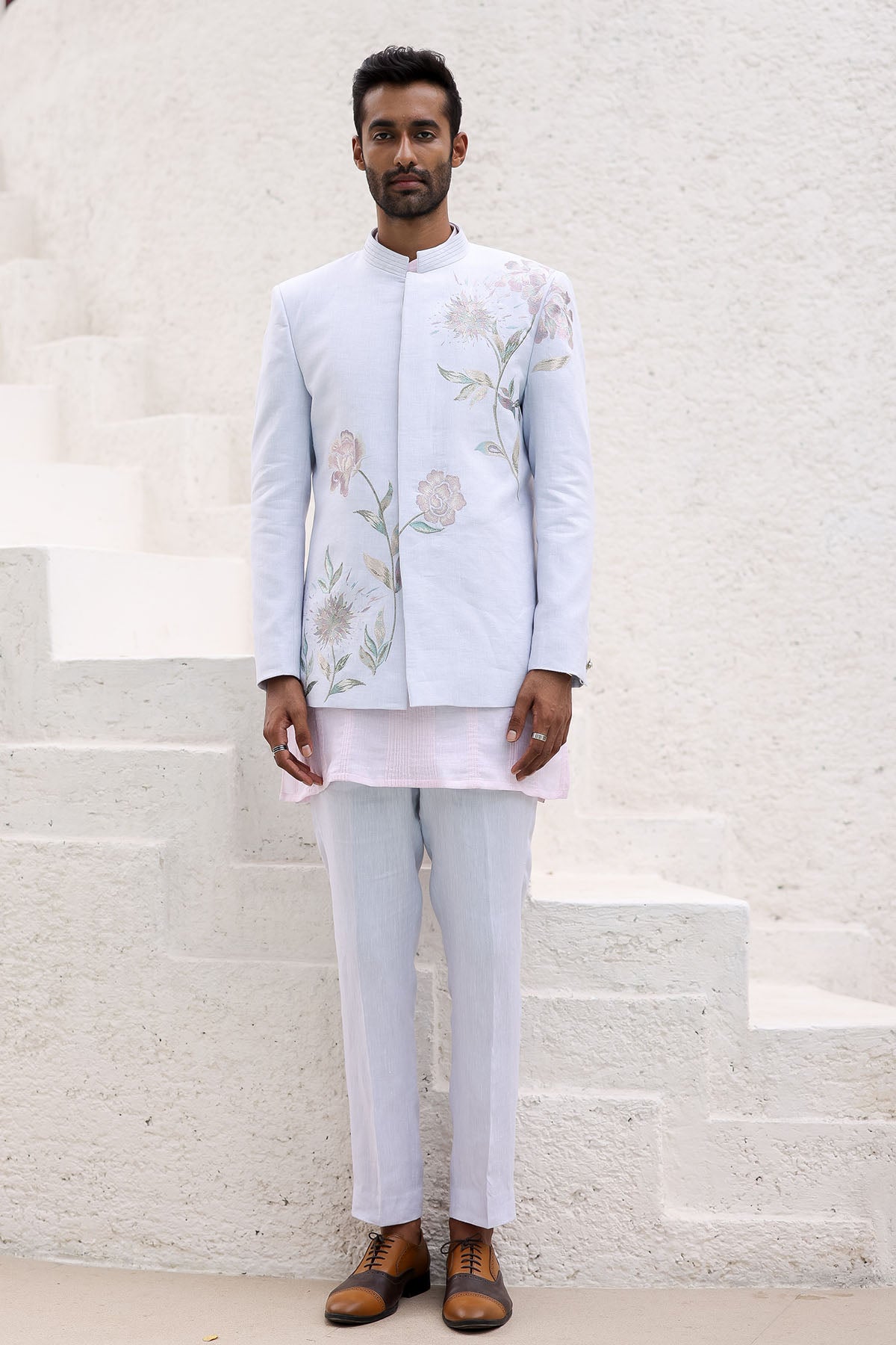 Sky Blue Floral Design Bandhgala with Pink Kurta