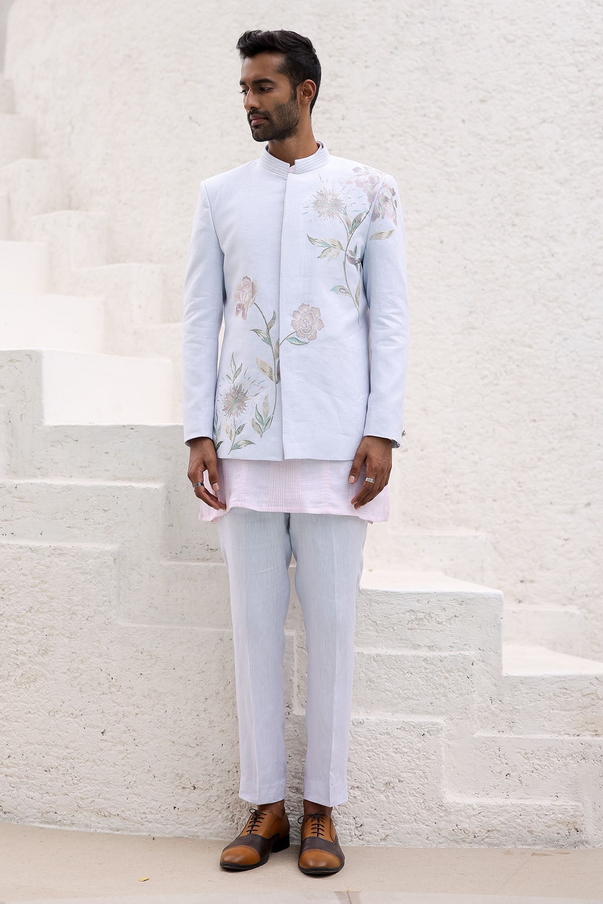 Sky Blue Floral Design Bandhgala with Pink Kurta