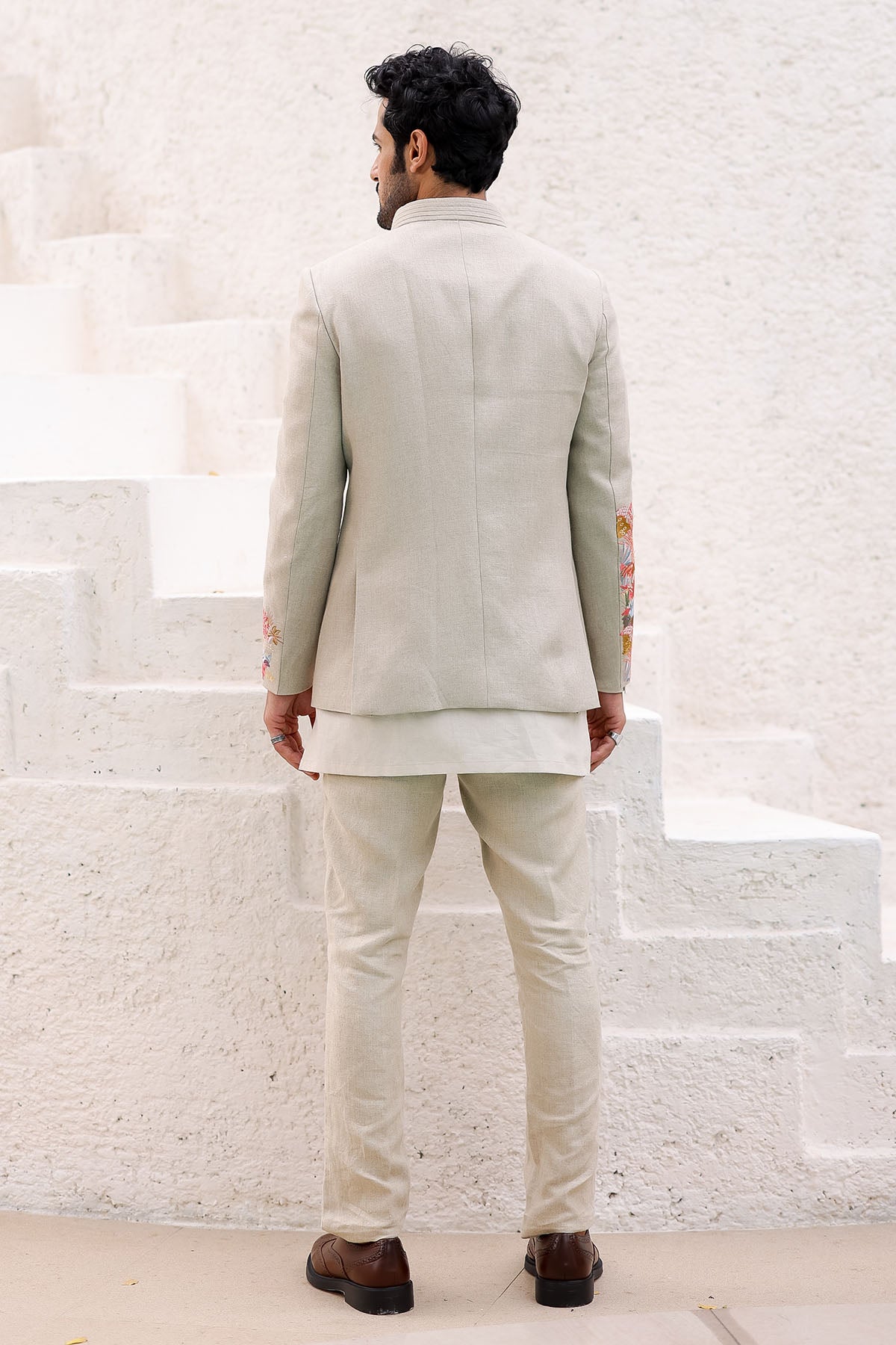 Tan Floral Resham Embroidery Bandhgala