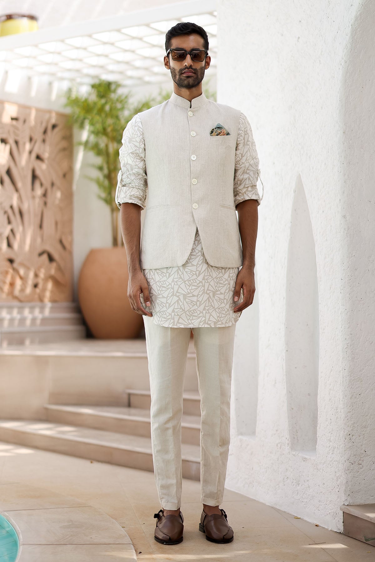 Natural Beige Abstract Geometric Print Kurta