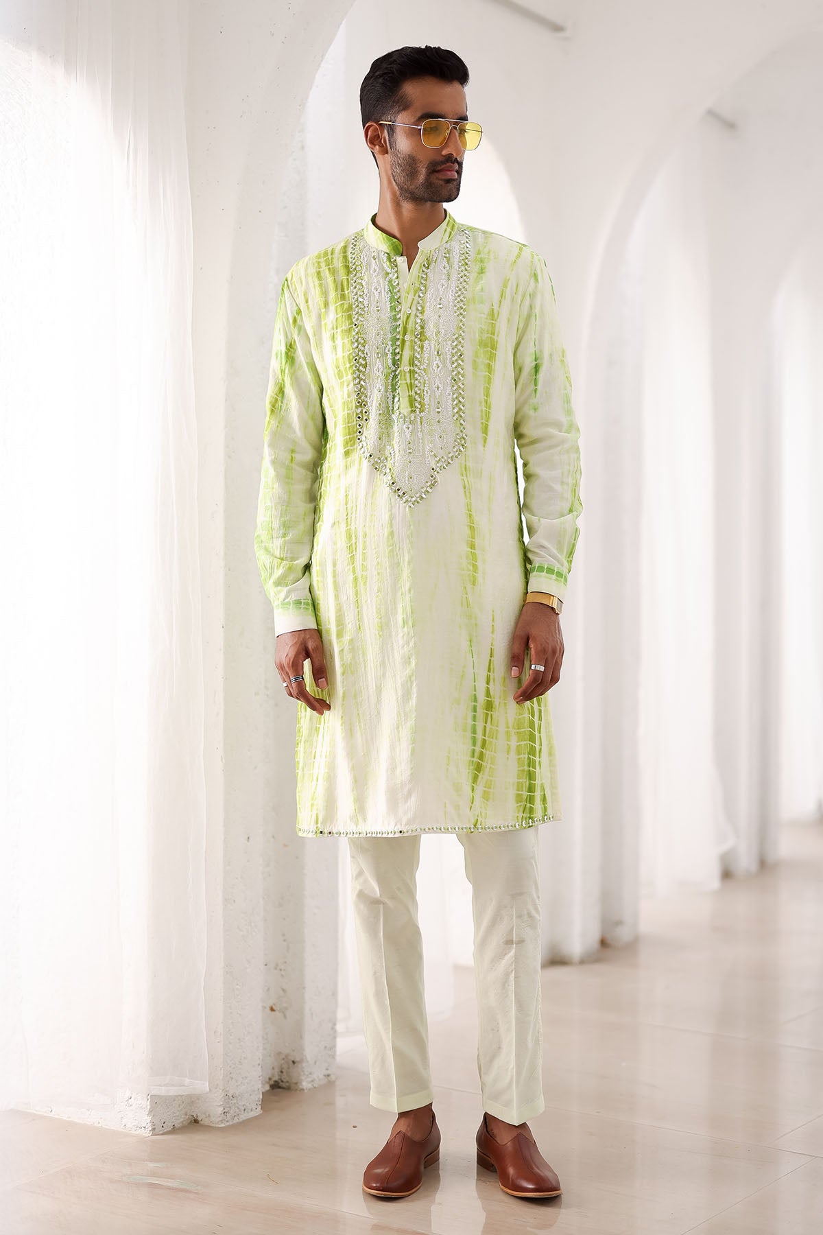 Green Tie-Dye Mirror Work Embroidered Kurta