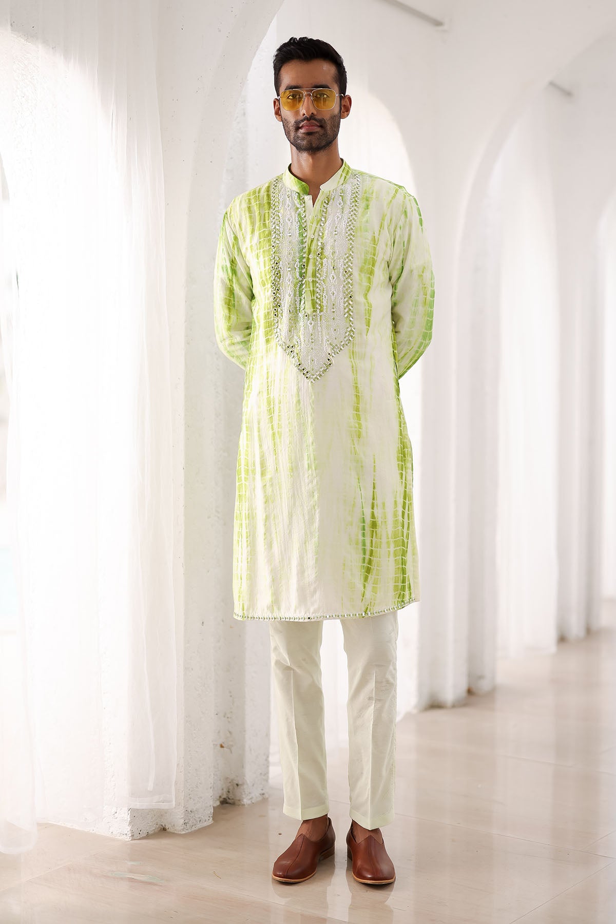 Green Tie-Dye Mirror Work Embroidered Kurta
